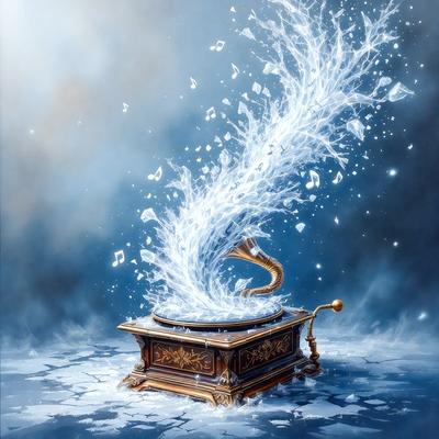 The primary subject of the image is a golden phonograph record player, which is the main object in the scene. The setting is a blue background, and the visual style is digital art. The colors in the image are predominantly blue and gold, creating a calm and sophisticated atmosphere.
